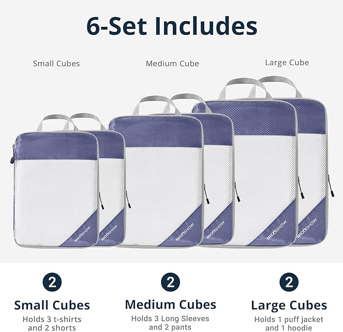 NICOSHOW Compression Packing Cubes 6 Set, Compressible Space-Saving Packing Cubes for Travel - Compression Bags, Luggage Organizer, Travel Essentials for Women, Bluish Purple