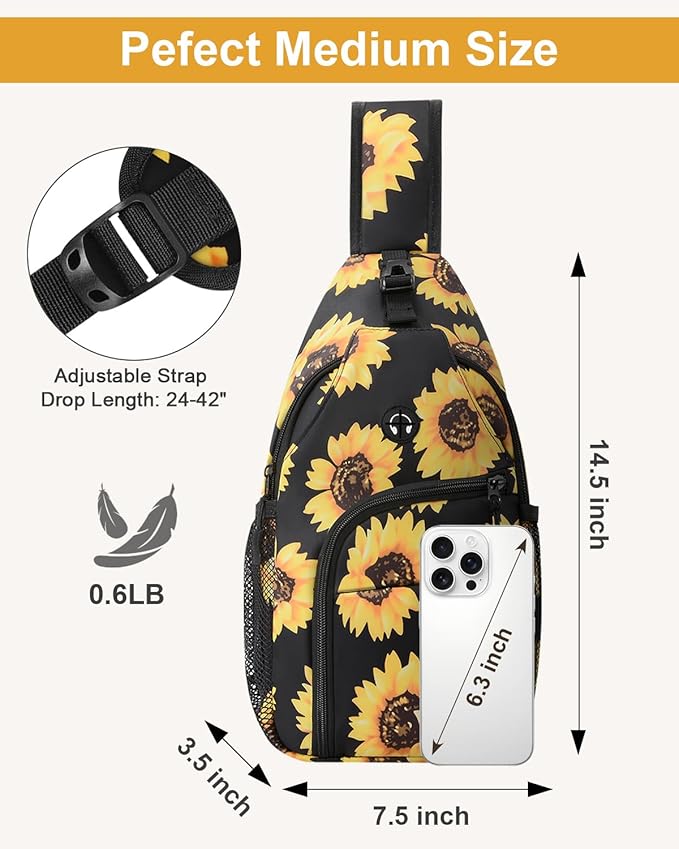 Pritent Crossbody Bags for Women Man Waterproof Sling Bag Backpack Trendy Casual Cross Body Bag with Convertible Shoulder Strap Chest Bag for Camping Hiking Travel Essentials (Sunflower, Medium)
