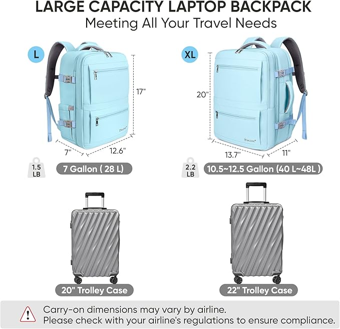 BALEINE Travel Backpack for Women Men, Large Sturdy Carry On Laptop Backpack Gifts for Business, Casual, Weekender, Hiking (Large, Light Blue)