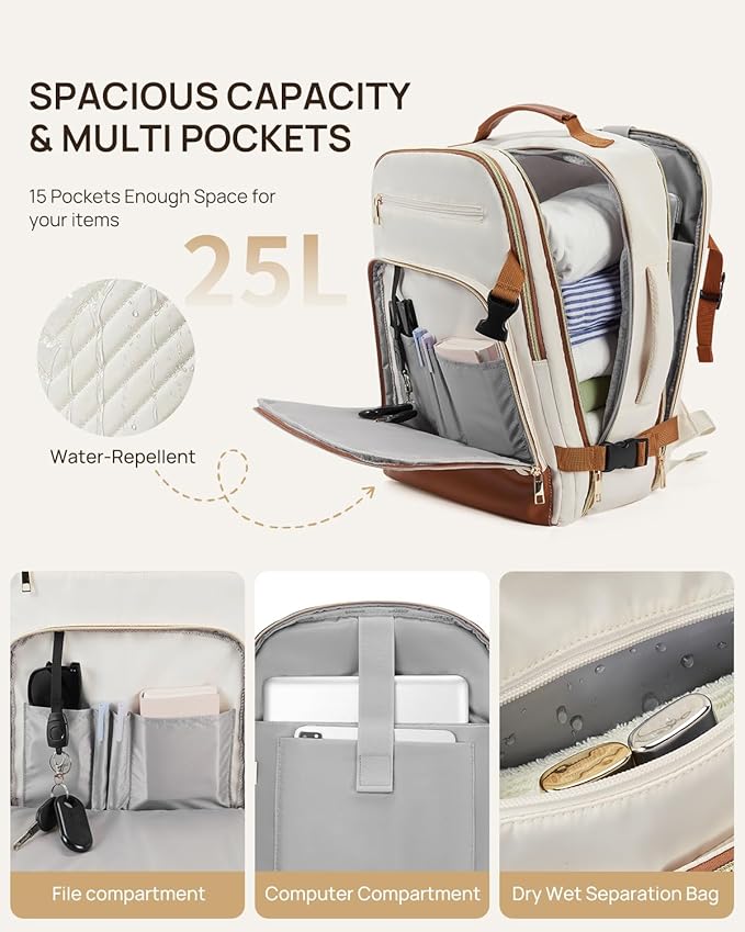 Telena Travel Backpack for Women, 15.6 inch Laptop Backpack TSA Carry on Backpack Personal Item Size Flight Approved Travel Bag Daypack with Multi-Pockets for Work, Travel, Business, Beige-Brown