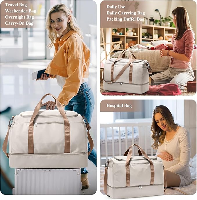 Extra Large Travel Duffle Bag,Carry on Overnight Bag with Shoes Compartment,Weekender Bags for Women for Travel Business Trips Sport Hospital,3 Pcs Set,Beige & Brown