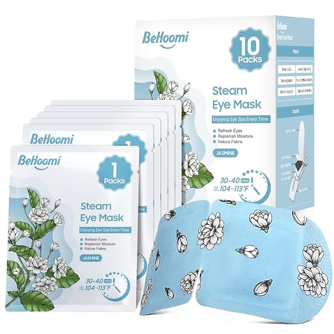 BeHoomi Steam Eye Mask, 10Packs Heated Eye Mask, Self Heating Disposable SPA Warm Compress for Eyes Sleep Mask, Travel Essentials & Relaxation Gifts for Women, Mothers Day Gifts (Jasmine Scent)
