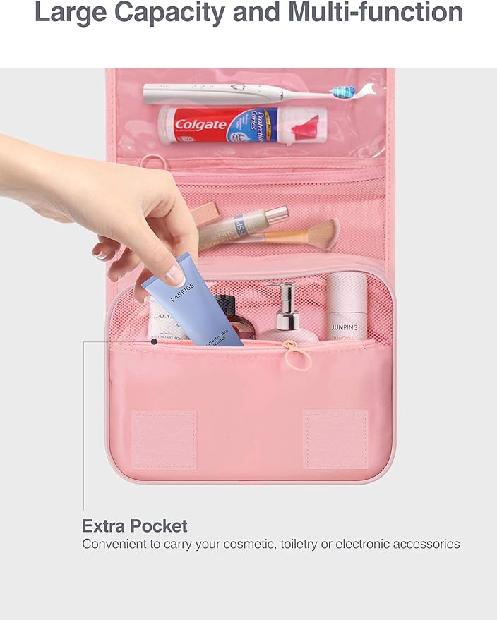 Luxtude Hanging Toiletry Bag for Women with Hanging Hook, Water-resistant Traveling Toiletries Bag, Portable Toiletry Travel Organizer Bag for Toiletries, Shower, Bathroom, Cosmetics Accessories-Pink
