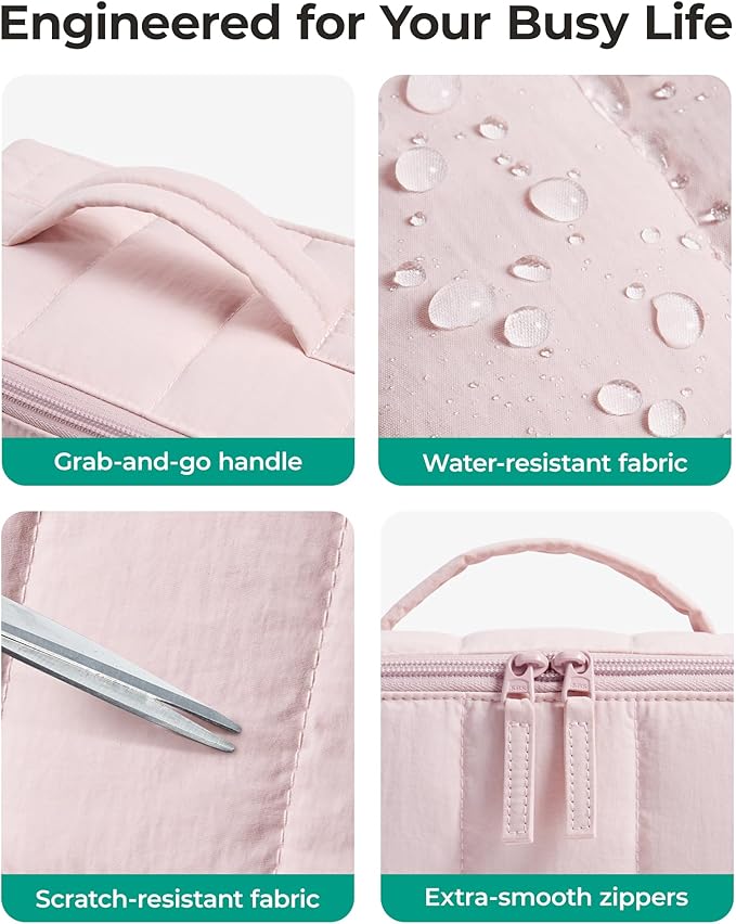 BAGSMART Travel Makeup Bag for Women, Portable Water-resistant Cosmetic Case, Puffy Padded Make Up Organizer Pouch, Open Flat Toiletry Bag for Toiletries, Brushes, Checkred Green