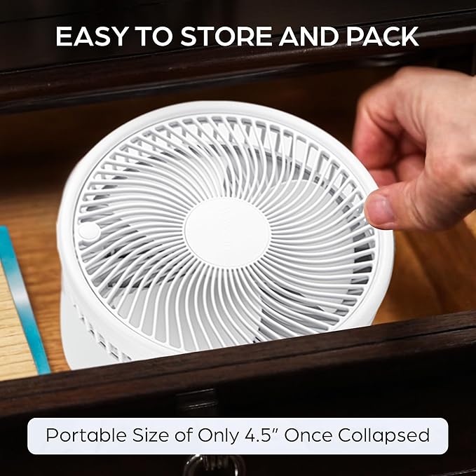 MyFoldaway Portable Fan for Travel, USB Rechargeable Cordless Portable Fans for Desk, Home, Camping, Sleeping, Lightweight Compact & Foldable Travel Fan, Pedestal Extends from 4-40”, Quiet, 3 Speeds