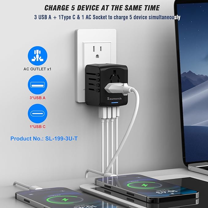 SAUNORCH Universal International Travel Power Adapter W/High Speed 2.4A USB, 3.0A Type-C Wall Charger, European Adapter, Worldwide AC Outlet Plugs Adapters for Europe, UK, US, AU, Asia-Black