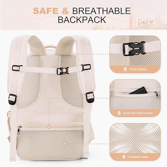 Maelstrom Travel Backpack for Women Men,25L Laptop Backpack Fits 15.6-Inch Laptop,Waterproof Carry On Backpack for Airplanes with Detachable Crossbody Bag & Shoe Compartment (Beige, Medium)