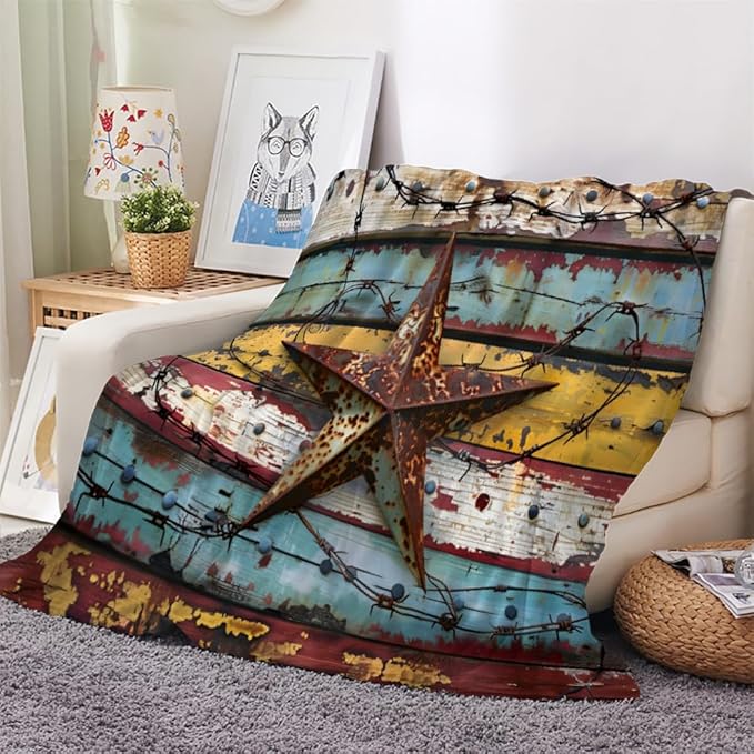 Western Texas Star Throw Blanket, Fleece Blanket for Couch Bed Sofa, Vintage Wooden Blankets and Throws, Rustic Farmhouse Super Soft Cozy Plush Flannel Blanket, 40 x 50 in, West Cowboy