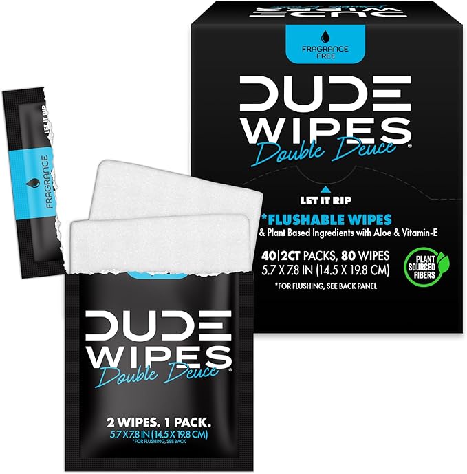 DUDE Wipes Double Deuce Unscented Travel Wipes - 2 Wipes per Pack (40 packs, 80 Count) - On-The-Go Adult Flushable Wipes for Sensitive Skin - Infused with Vitamin E and Aloe - Septic and Sewer Safe