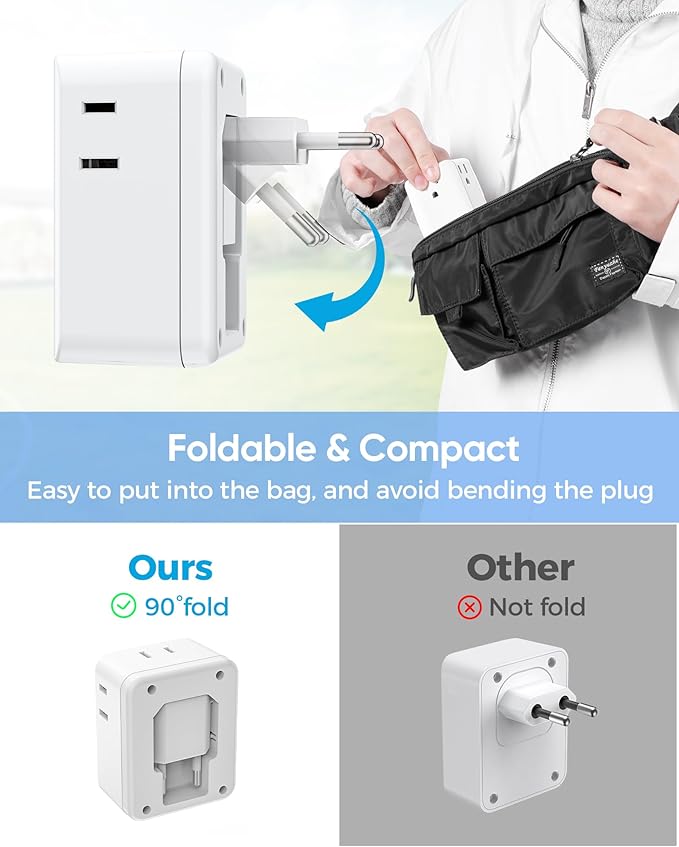 2 Pack European Travel Plug Adapter, Olcorife Foldable International Power Adapter with 4 Outlets 3 USB Ports, Type C Plug Adapter for US to Europe, Italy Spain Iceland France Germany