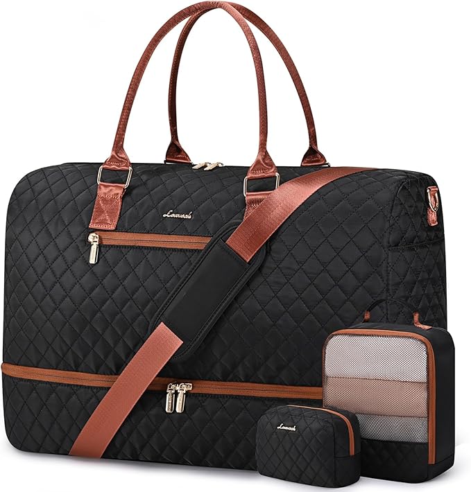 LOVEVOOK Travel Duffle Bag for Women, Weekender Overnight Bag with Shoe Compartment, Carry on Bag with Toiletry Bag, Gym Duffel Bag with Wet Pocket, Hospital Bags for Labor and Delivery 3 Pcs Set