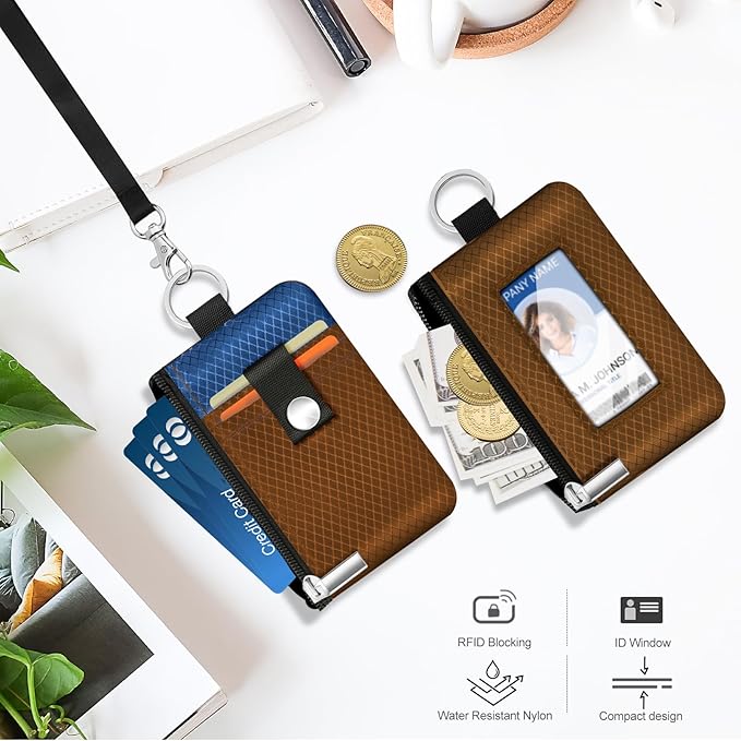 Minimalist RFID Blocking Small Wallet with ID Window,WaterResistant Zip Id Case Wallet with Lanyard Keychain for Cards,Cash,Travel,Women,Men (Brown/Electric Blue)