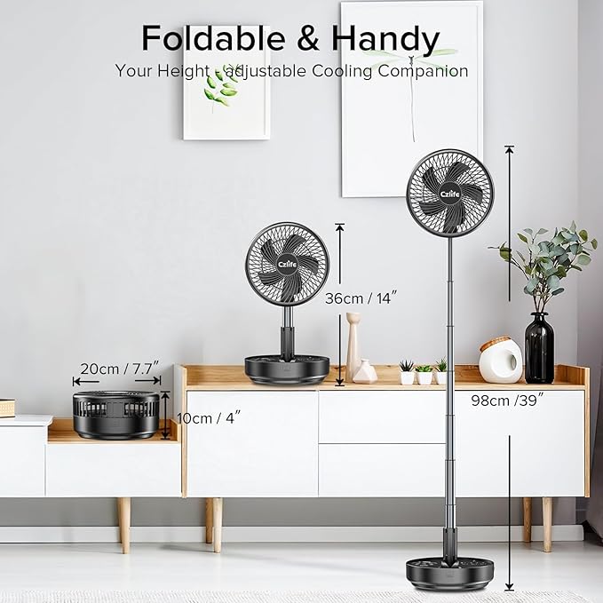 Czlife F9 Portable Fan, 10000mAh Rechargeable Battery Powered for Travel Sleeping Camping Bedroom Outdoor, Cordless Floor Desk USB Fan with Remote, 4 Speed, Timer, 7.7" (Black with Case&Charger)