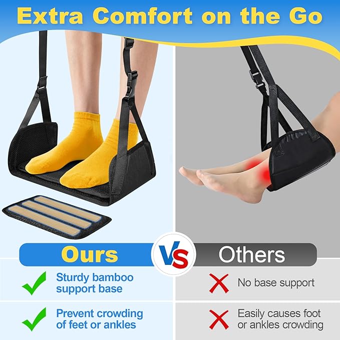 Airplane Foot Hammock for Plane Travel, Detachable Bamboo Airplane Foot Rest for Long Flight, Desk Foot Hammock Travel Essentials with Extended Adjustable Strap to Relax Your Feet - 2 Pack