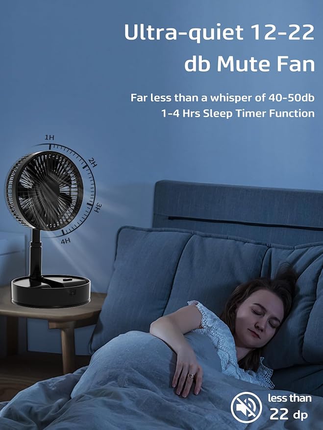 UN UNITEDTIME Foldable Fan Foldaway with Remote Control, 7200mAh Rechargeable Battery Powered Pedestal Fan for Camping, 4 Speed, Timer, Portable Table for Travel, Outdoor, Home (Black)