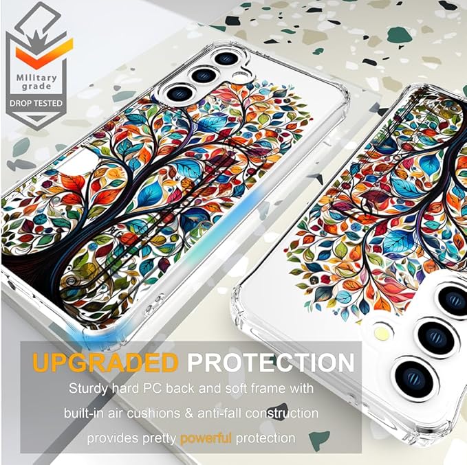 Compatible with Samsung Galaxy S24 / S25 Case Card Holder for Women Cute Design,Wallet Phone Cases Transparent Cool Kawaii Protective (Clear Tree Colorful Leaves)