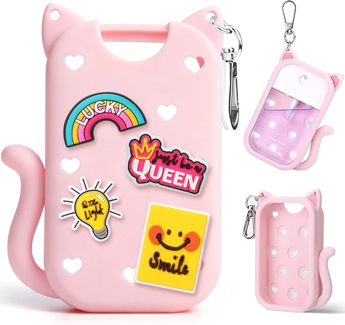 Juome Silicone Case for Touchland Hand Sanitizer Spray with Keychain & Charms, Cat Protective Holder Compatible with Touchland Power Mist & Glow Mist 1 FL Oz/30ML, Travel Cover Sleeve Accessory (Pink)
