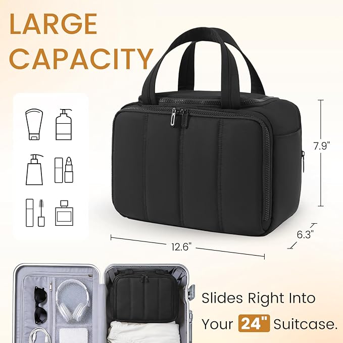 Toiletry Bag for Women Puffy Large,Travel Makeup Bag,Large Toiletry Bag with Adjustable Dividers,Waterproof Cosmetic Travel Bag with Trolley Sleeve,Toiletries Organizer,Black