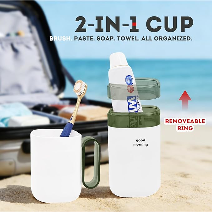 Travel Toothbrush Holder Case,Toothbrush Holder and Rinse Cup with Handle Toothbrush Travel Case, 2 in 1 Toothbrush Cup,Large Capacit Travel Toothbrush Holder with Mouthwash Cup-Green