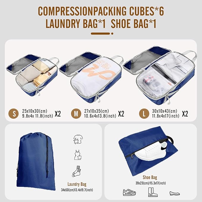 8 Set Compression Packing Cubes for Travel, Expandable Luggage Organizer with Shoe Bag & Laundry Bag - Lightweight Suitcase & Backpack Travel Essentials (Navy Blue)