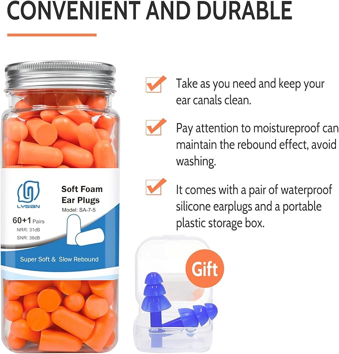 LYSIAN Soft Foam Earplugs 38dB SNR, 60 Pairs, Disposable Noise Cancelling Ear Plugs for Snoring, Working, Sleeping, Industrial - Orange (SA-7-5)