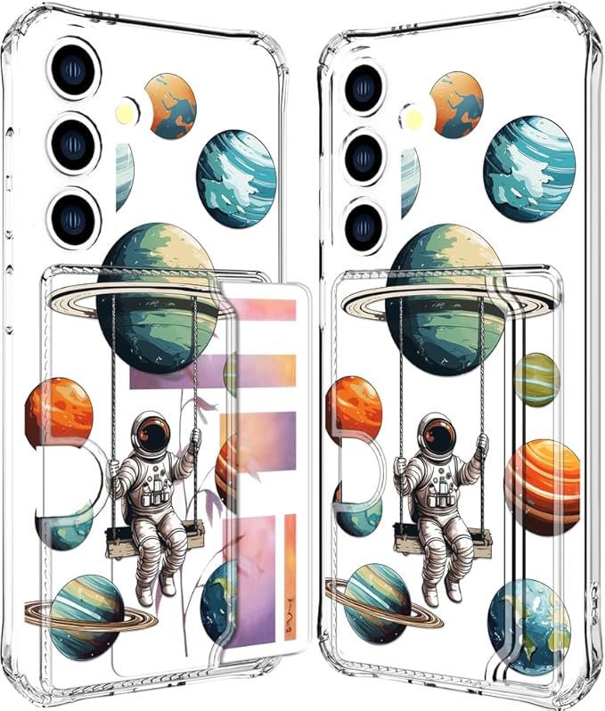 Compatible with Samsung Galaxy S24 / S25 Case Card Holder for Women Cute Design,Wallet Phone Cases Transparent Cool Kawaii Protective (Clear Astronaut Space Planets)