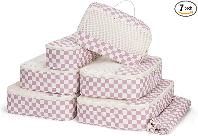 Narwey 7 Set Checkered Packing Cubes for Travel Carry on Suitcase Luggage Organizer Bags for Kids Women Men, Durable Packing Organizers Bag, Travel Essentials Accessories (Dusty Pink Checkerboard)