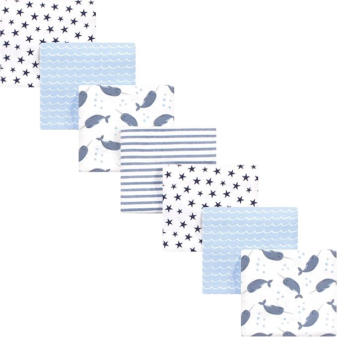 Hudson Baby Unisex Baby Cotton Flannel Receiving Blankets Bundle, Narwhal, One Size