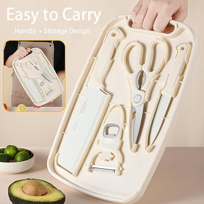 Cutting Board and Knife Set, 5 In1 Travel Cutting Boards And Knife Travel Cutting Board Kitchen Scissors and Peeler For Kitchen (Yellow)