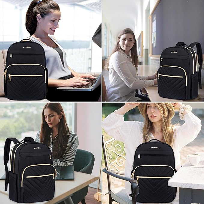 VANKEAN 17.3 Inch Laptop Backpack for Women Men Work Laptop Bag Fashion, Waterproof Backpacks Nurse Stylish Travel Bags Casual Daypacks for College, Business, Black