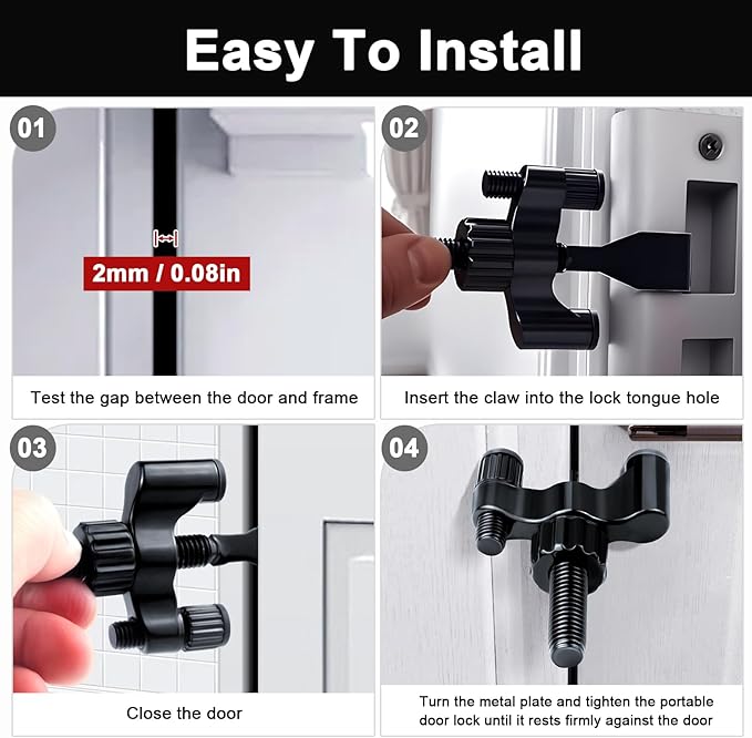 2 Pack Adjustable Portable Door Lock, Hotel Door Locks for Travelers Security, Prevent Unauthorized Entry, Door Stoppers Security for Travel Bedrooms Apartment Airbnb Dorm, with Silicone Caps, Black