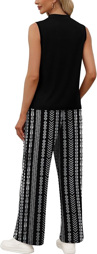 WIHOLL Two Piece Set for Women Summer Spring Outfits Cruise Travel Airport Beach Vacation Mock Neck Wide Leg Pants Set