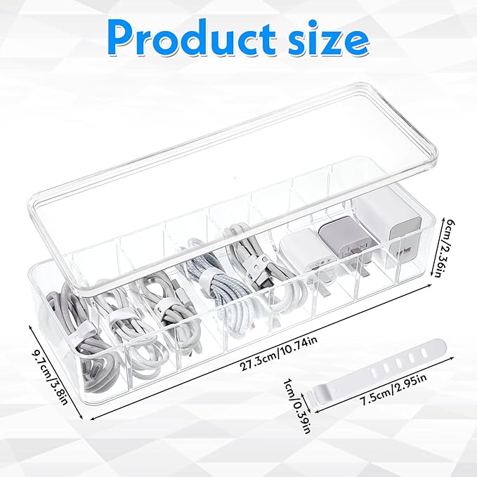 4 Pcs Cord Storage Organizer Clear Plastic Cable Storage Box with 40 Silicone Wire Ties, Cord Organizer Box with Lid for Home Office Desk Organization, Jewelry and Accessories