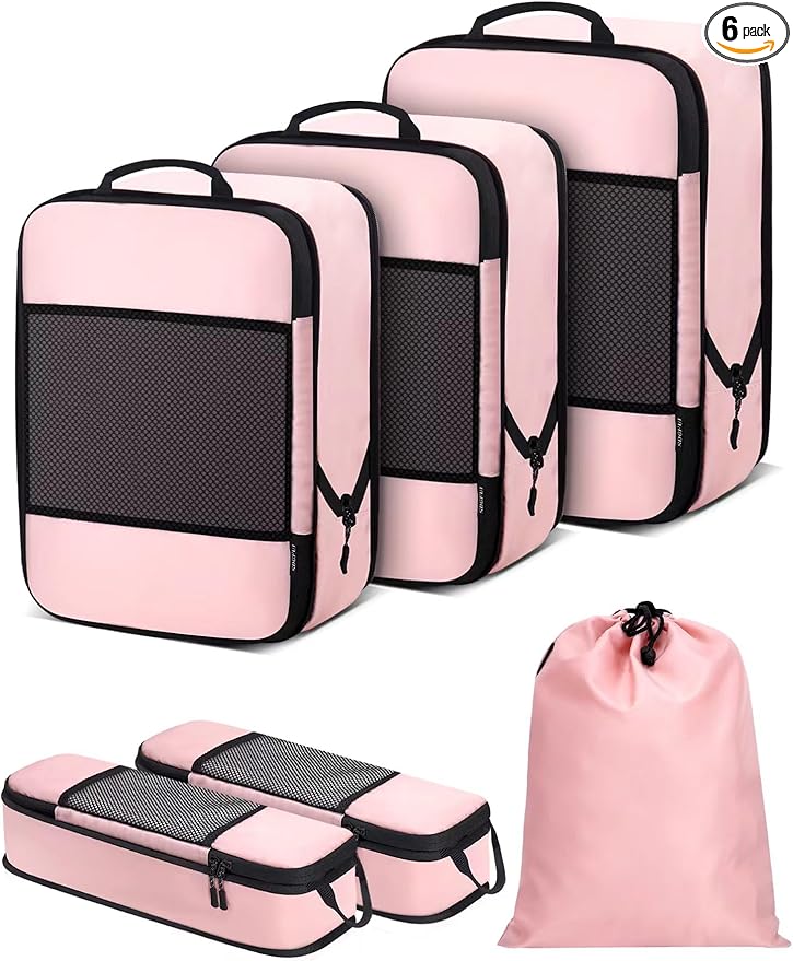 SDGFUI 6 PCS Set Compression Packing Cubes for Travel, Lightweight Packing Organizer Bags Travel Essentials for Carry On, Suitcase, Home Closet - Pink