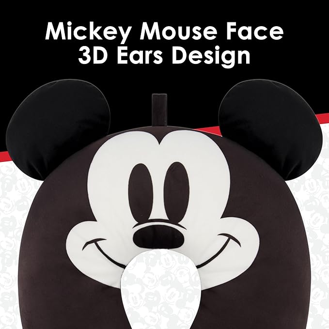 FUL Disney Mickey Mouse Neck Pillow, Travel Accessories with 3D Ears for Airplane, Car and Office, Comfortable and Breathable, Black