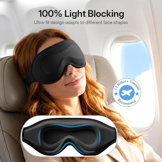 LitBear Long Lash Sleep Mask for Women Men Side Sleeper, 3D Contoured Light Blocking Sleeping Mask, Soft Comfortable Eye Mask Sleep with Adjustable Strap, Pouch for Travel, Black