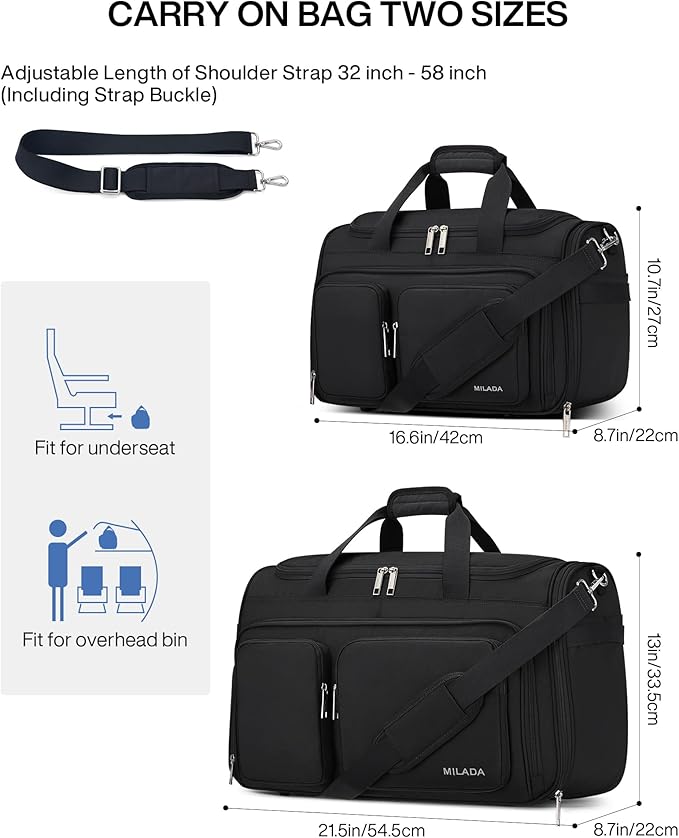 MILADA Carry On Luggage Bags for Travel Lightweight Personal Item Travel Bag Foldable Large Duffle Bag for Travel Tote Overnight Bags for Women Mens Weekender Bags, Black
