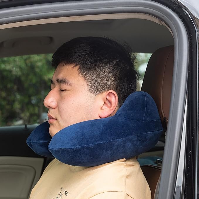 Inflatable Travel Pillow, Neck Pillow Support for Traveling, Airplanes, Cars, and Offices with Compact Carrying Bag, Soft Velvet Washable Cover, Ideal for Adult Sleepers (Blue)