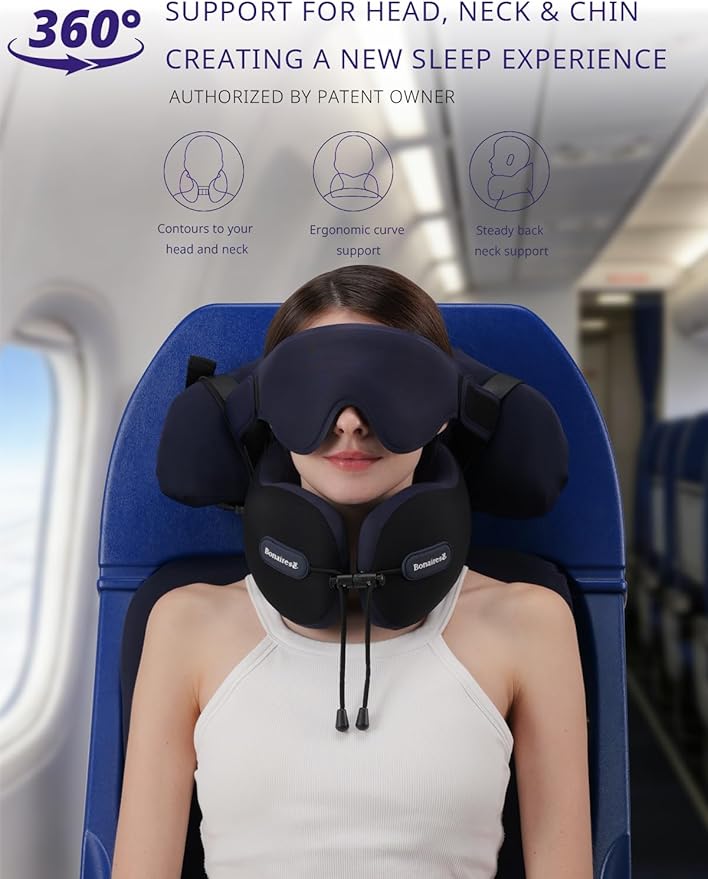 Travel Pillow, Neck Pillow Airplane with 3D Eye Mask & Seat Strap for Long Flight Sleep Road Trip, Dual-Density Supportive Foam, 360°Support Head, Neck & Chin Travel Essentials Aqua & Purple