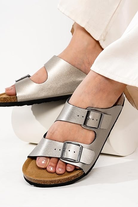 Project Cloud 100% Genuine Leather Flat Sandals For Women 2026 Cork Footbed Womens Sandals with Memory Foam and arch support Vacation Essentials Slides for Women Footwear (Venita)