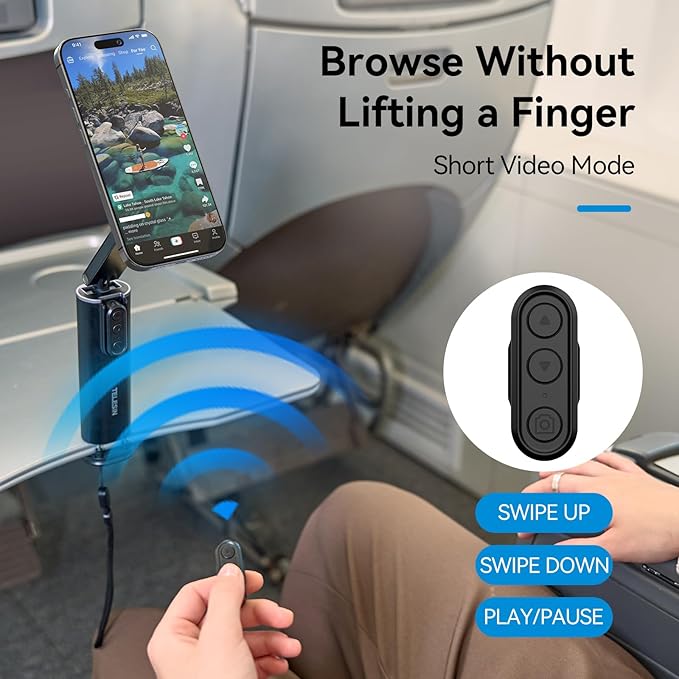 Magnetic Bluetooth Airplane Phone Holder – Universal 360° Hands-Free Stand with Remote Control for TikTok, YouTube & Other Video Apps, Perfect for Travel, Home & Office, Accessory for Airplane