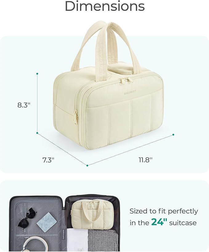 BAGSMART Travel Toiletry Bag, Puffy Large Toiletry Bag for Women, Lightweight Cosmetic Makeup Bag Organizer with Handle for Traveling, Accessories, Essentials, Toiletries (Grayish Brown)