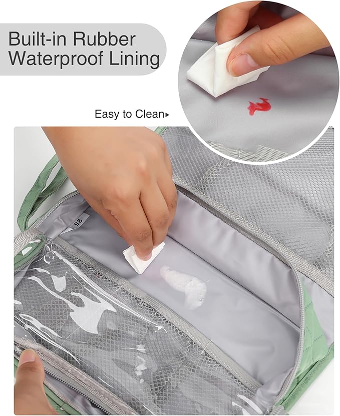 Relavel Travel Hanging Toiletry Bag for Women, Travel Wash Bag with 360° Rotation Hook, Waterproof Large Stand Up Toiletries Organizer for Bathroom Shower Camping - Green