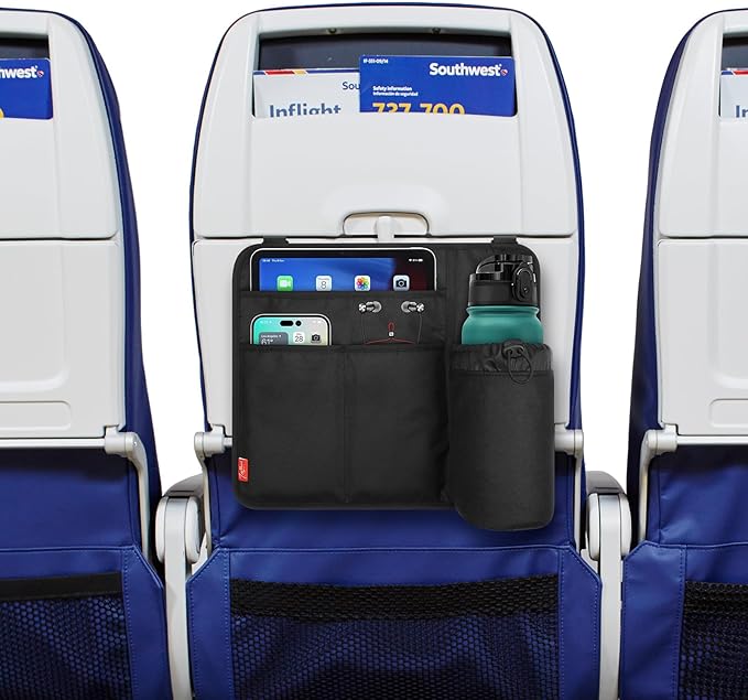 Airplane Seat Back Organizer & Storage, Airplane Tray Table Cover for Personal Items, Airline Seat Hanging Pockets Media Pouch,Reusable Travel Essentials,Fits Tablets,Cell Phone,Water Bottle (Black)