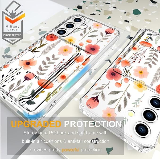 Compatible with Samsung Galaxy S24 / S25 Case Card Holder for Women Cute Design,Wallet Phone Cases Transparent Cool Kawaii Protective (Clear Flowers Leaves)