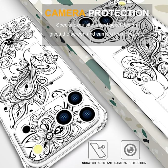 Compatible with iPhone 17 Pro Max Case Card Holder for Women Cute Design,Wallet Phone Cases Transparent Cool Kawaii Protective (Clear Black Henna Flower)
