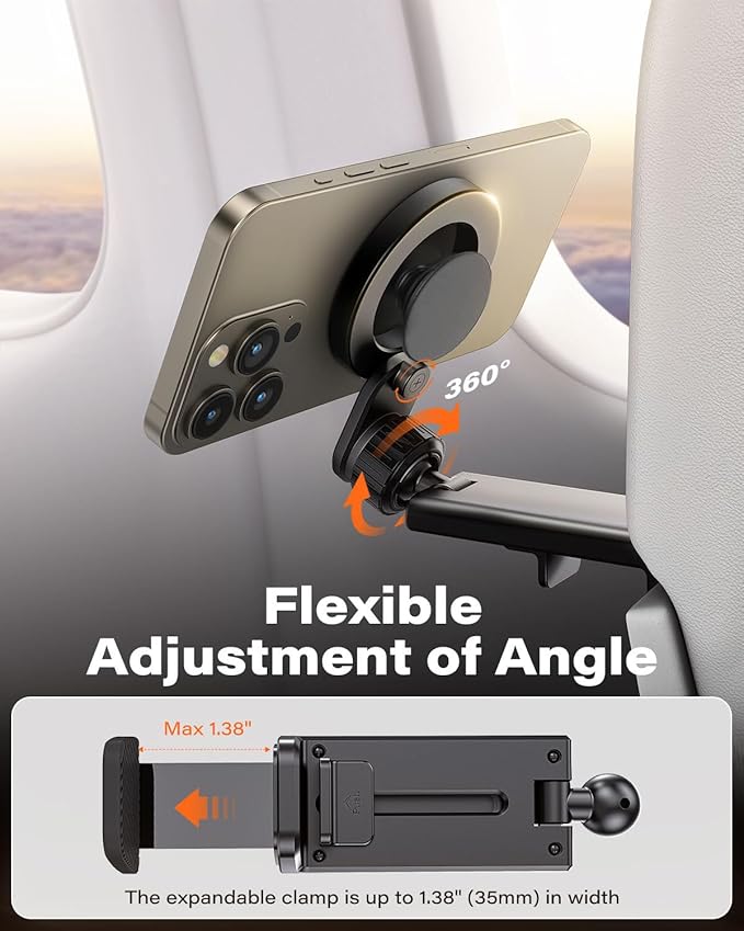 Magnetic Airplane Phone Holder for Travel Essentials - PhoneHolder for Airplane Seat, Car & Home with MagSafe Compatibility, Compatible with iPhone 16/15/14 & Android-917001