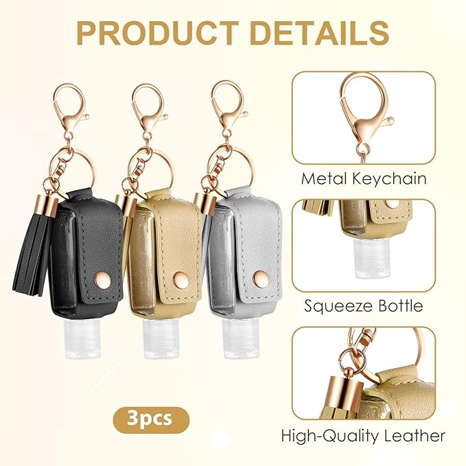 3Pcs Hand Sanitizer Keychain - 30ml Portable Leather Holder Travel Size Case With Refillable Bottle for Toiletry Lotion Liquid Soap Shampoo