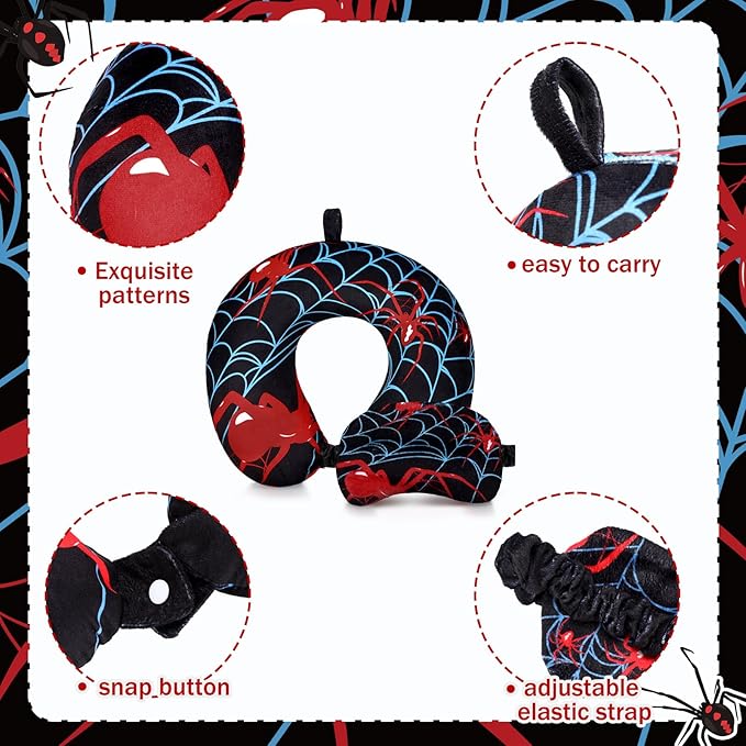 Gilprop 2 Pcs Spiderweb Travel Pillow with Sleep Eye Mask, U Shaped Memory Foam Headrest & Neck Pillow with Washable Cover, Soft Neck Head Support Travel Accessories for Airplane Car Train Bus Trips