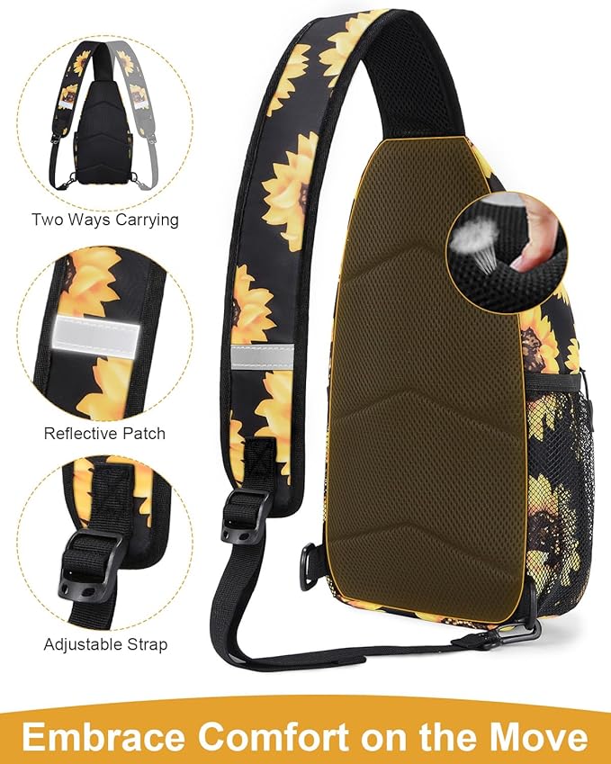 Pritent Crossbody Bags for Women Man Waterproof Sling Bag Backpack Trendy Casual Cross Body Bag with Convertible Shoulder Strap Chest Bag for Camping Hiking Travel Essentials (Sunflower, Medium)